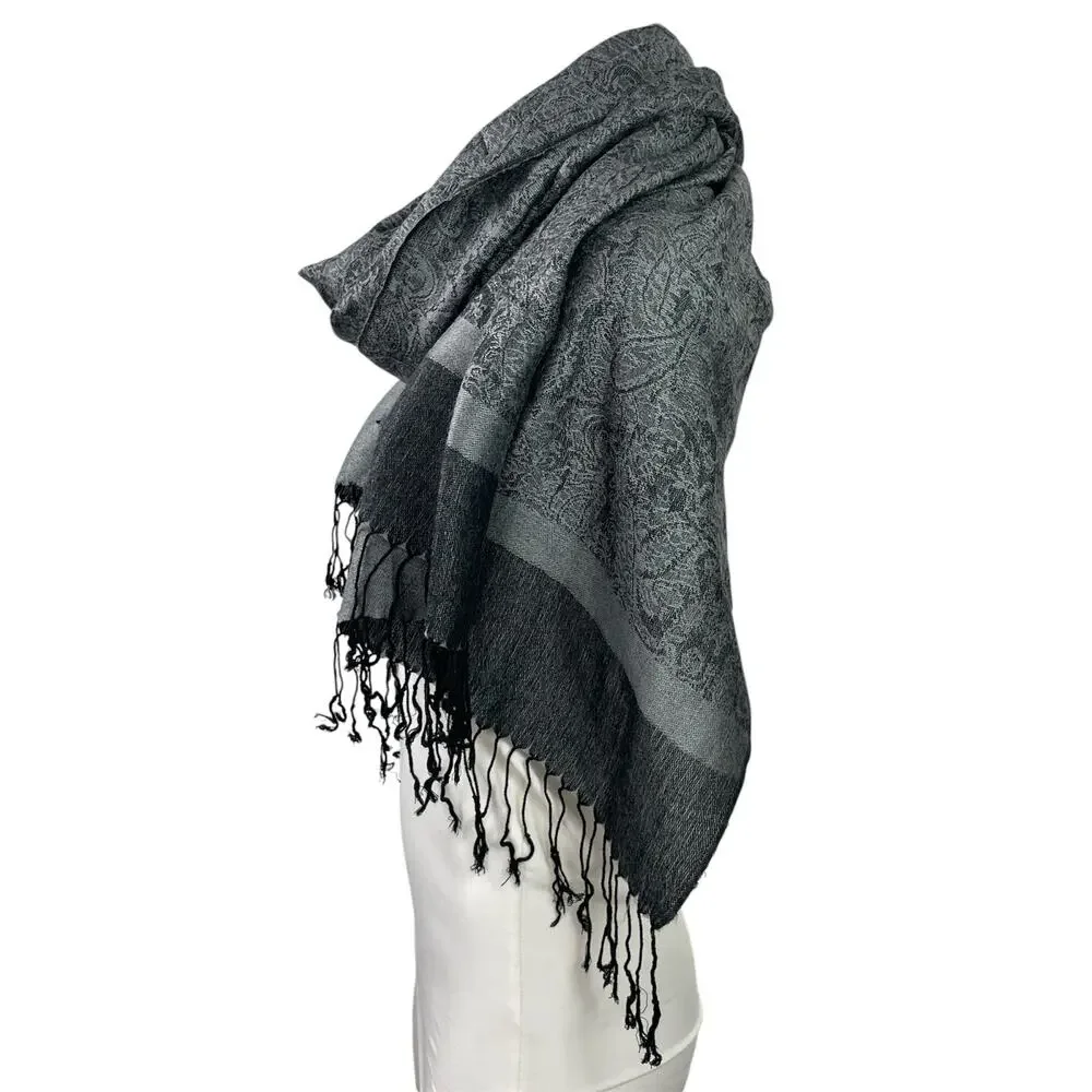 Pashmina Black Gray Paisley Colorblock Silk Fringe Wrap Shawl Neck Scarf OS